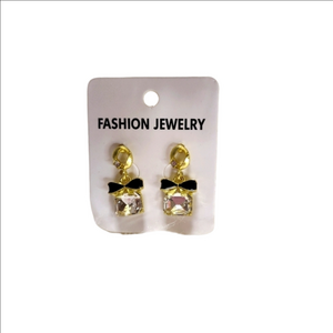 Florentina gold clear crystal handbag black bow geometric earrings NWT